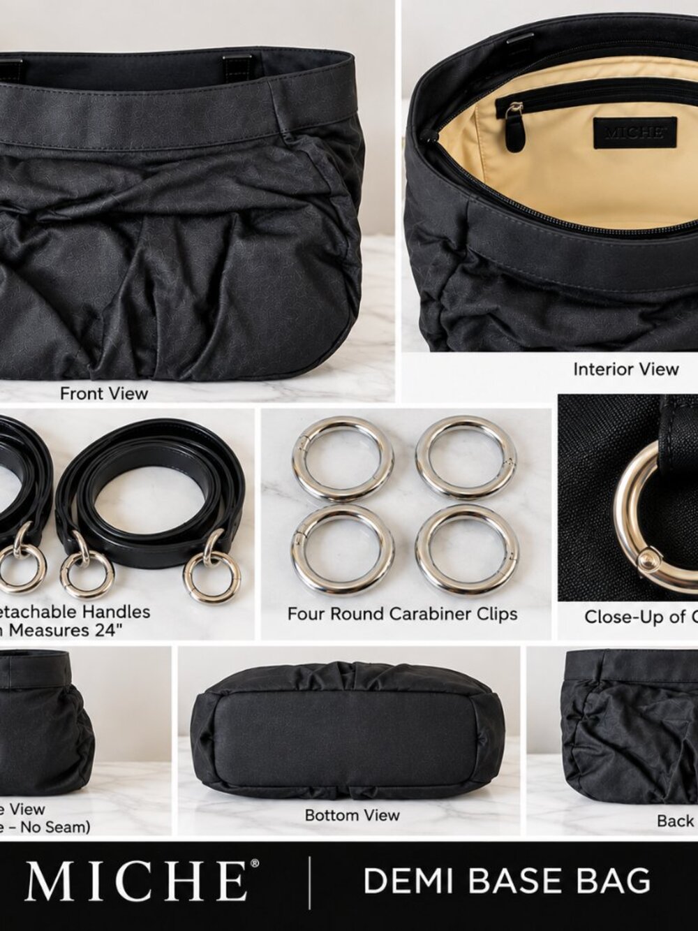 Miche Demi Base Bag Black New 2 Detachable 24” Handles 4 Carabiner Clips